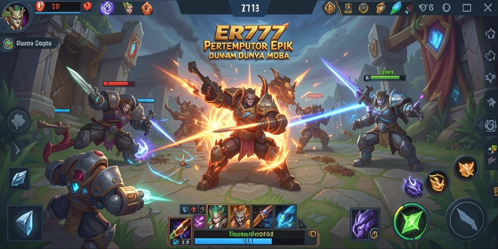 Screenshot utama ER777 menampilkan pertarungan intens antar tim MOBA.