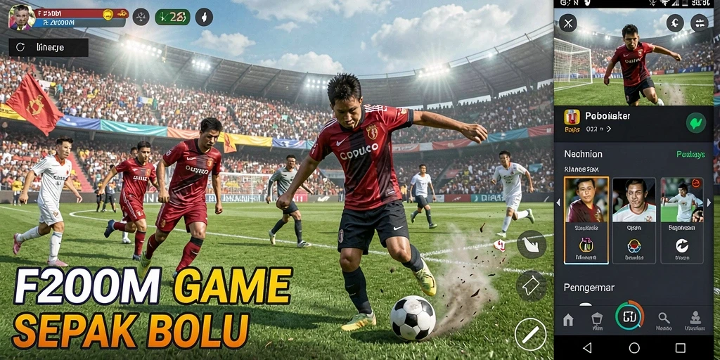Tampilan gameplay F200M dengan aksi sepak bola yang menegangkan.
