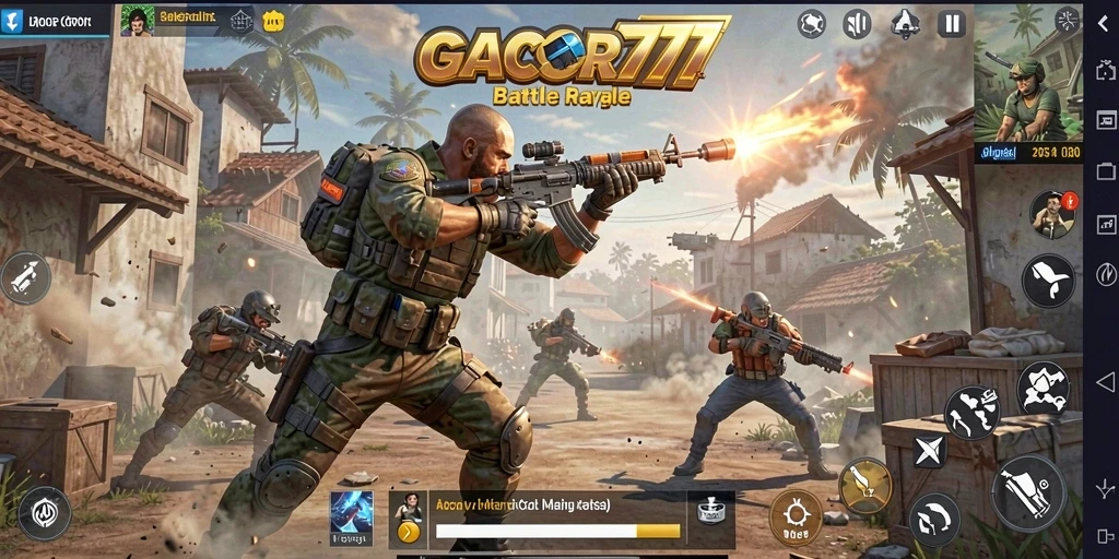 Screenshot GACOR777 menunjukkan aksi intens dalam pertempuran Battle Royale.