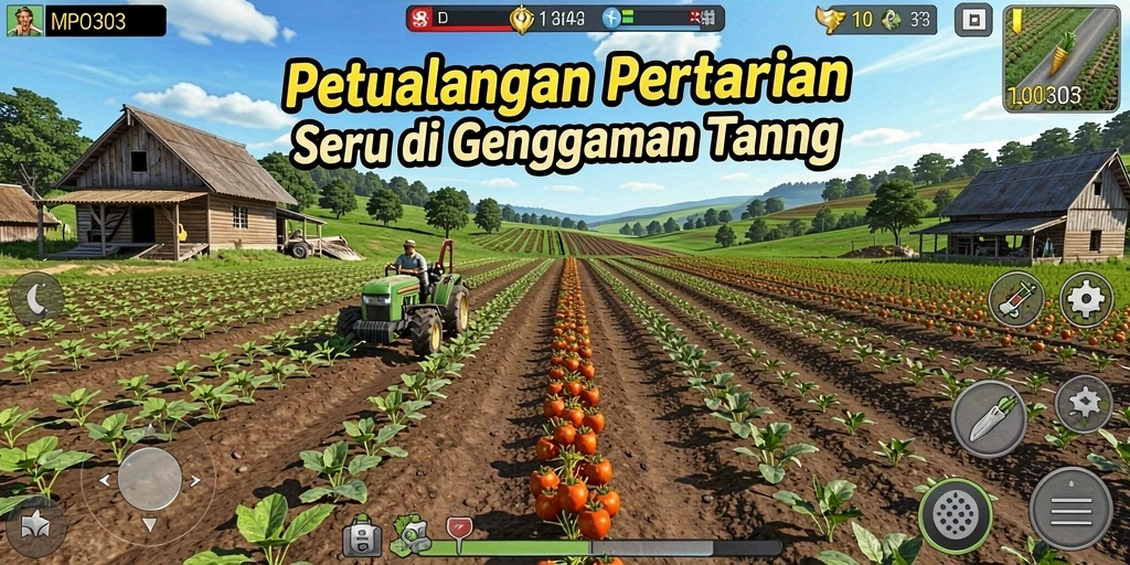 Screenshot gameplay MPO303: Menampilkan kebun yang luas dan berwarna-warni.