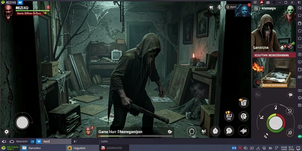 Tampilan gameplay seram di <strong>REZIXO</strong> dengan makhluk mengerikan muncul dari kegelapan.